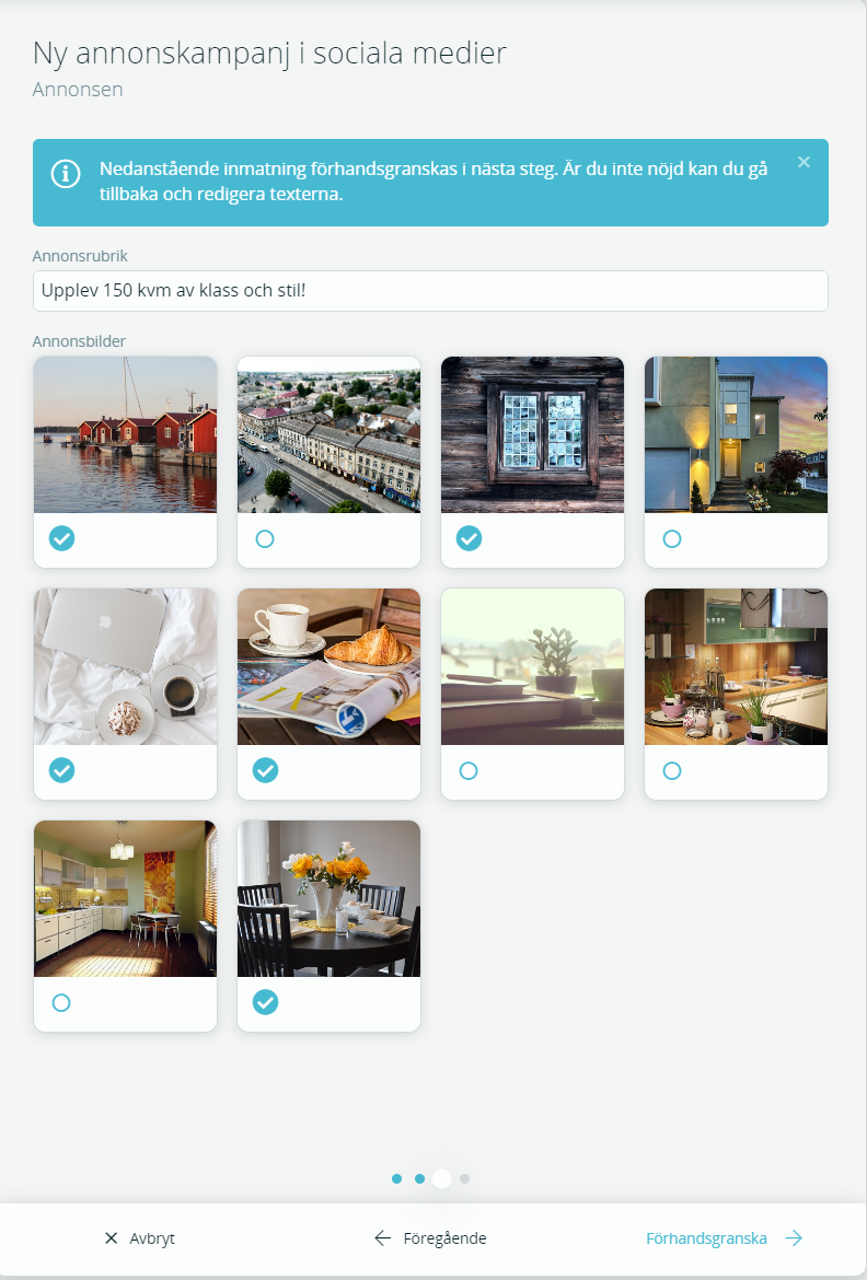 Bildtext: Gränssnittsvy över inställningarna för vilka bilder som ska visas i en annonskampanj i sociala medier. 