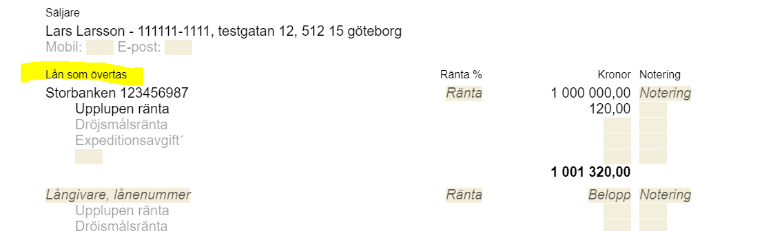 Bildtext: Markering av var lån som övertas, visas på likvidavräkningen.