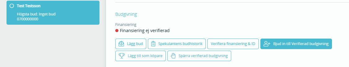 Bildtext: Gränssnittsvy över fliken Spekulanter där en kontakt är vald. Knappen Bjud in till Verifierad budgivning är markerad.