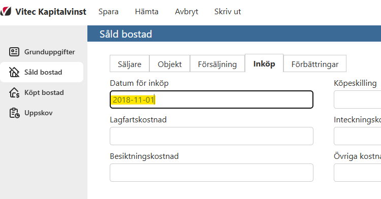 Bildtext: Gränssnittsvy av kapitalvinstberäkningen. Sektionen såld bostad och fliken Inköp. Datum för inköp är markerat.
