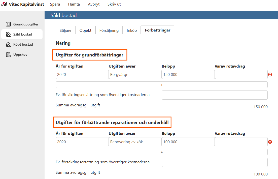 Bildtext: Gränssnittsvy av kapitalvinstberäkningen. Sektionen såld bostad och fliken Förbättringar. De två olika typerna av förbättringar är markerade i systemet.