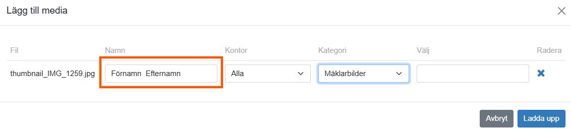 Bildtext: Gränssnittsvy över funktionen för att lägga till filer i Express Publish. Fältet för att döpa filen är markerat. Kategorin Mäklarbilder är vald.