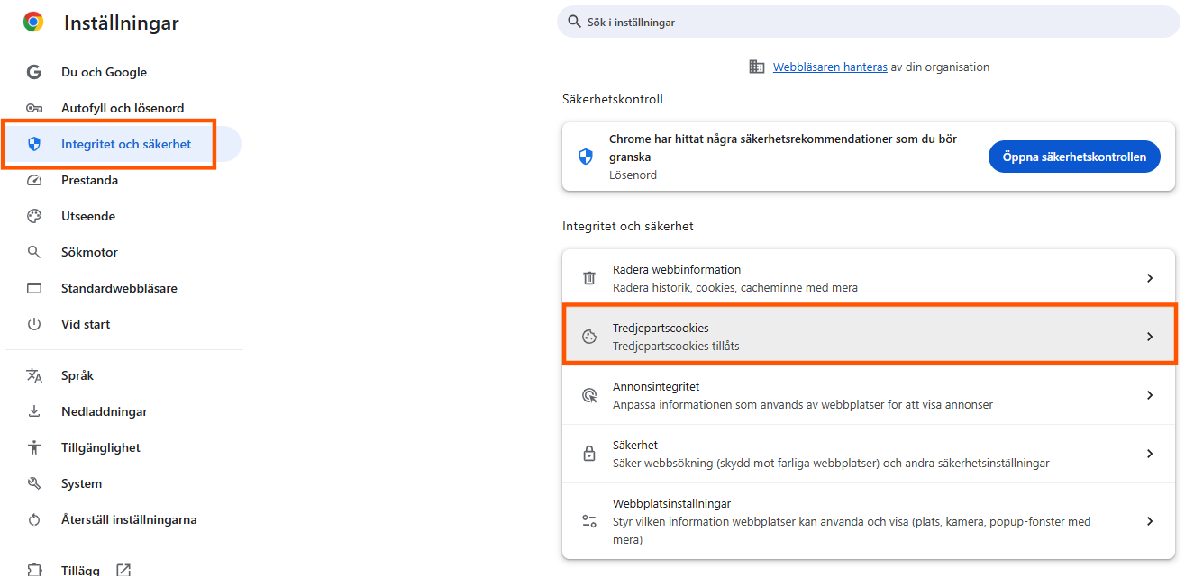 Bildtext: Inställningar i webbläsaren för Tredjepartscookies under Integritet och säkerhet i webbläsaren Google Chrome.