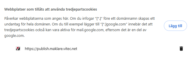 Bildtext: Inställningar i webbläsaren för tredjepartscookies.