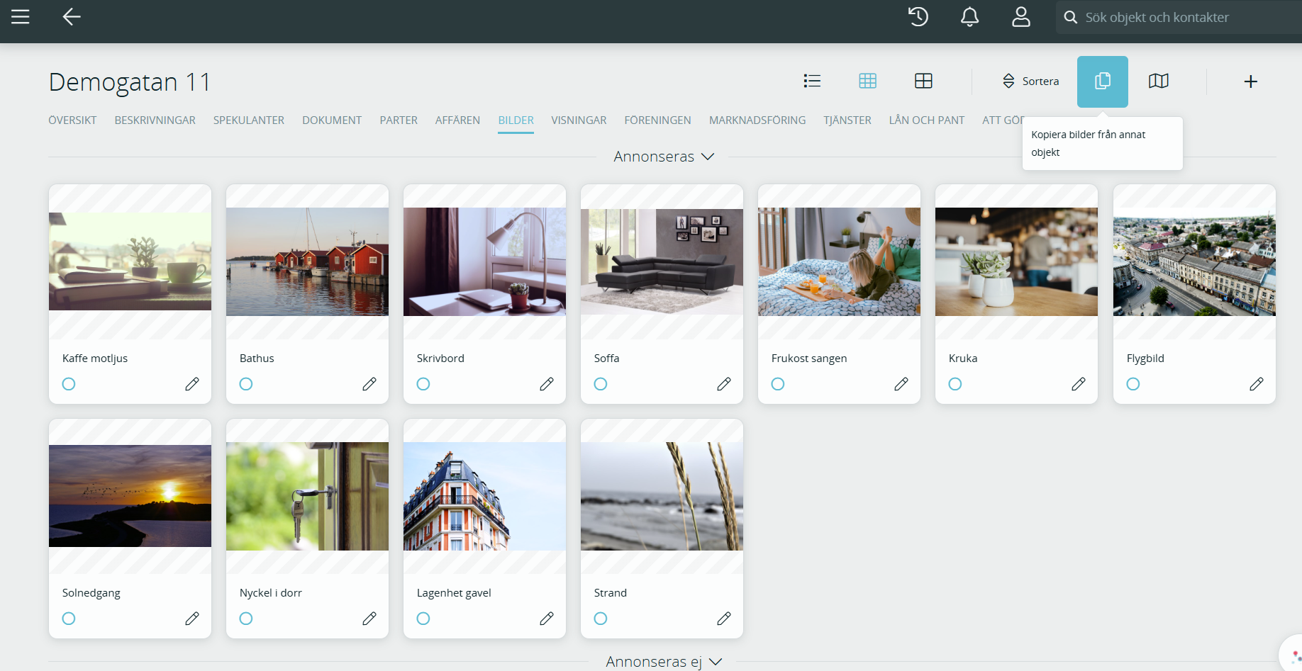 Bild som visar fliken bilder och knappen kopiera från annat objekt