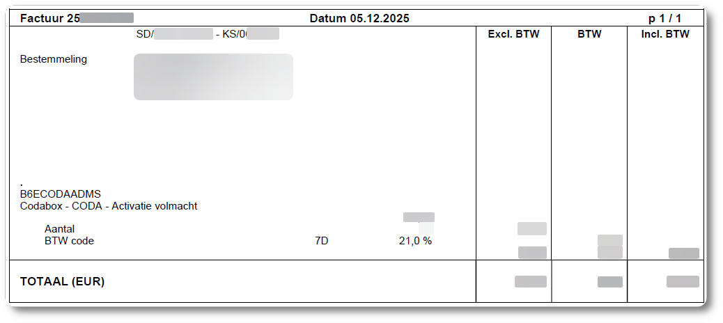 Wolters Kluwer factuur voor éénmalige kosten