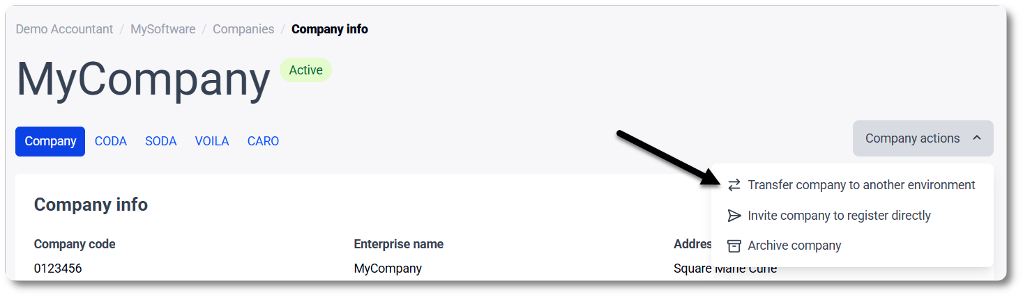 Transfer a company to another environment in MyCodabox