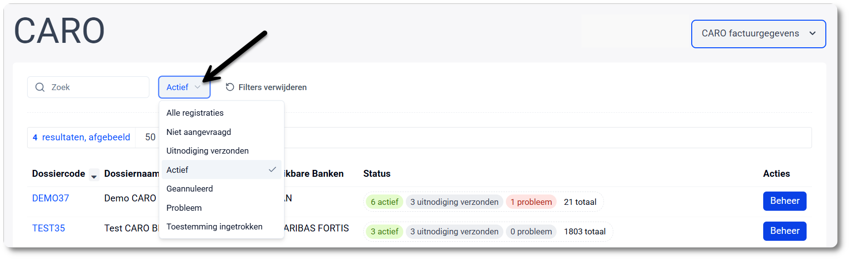 CARO filteren op status actief