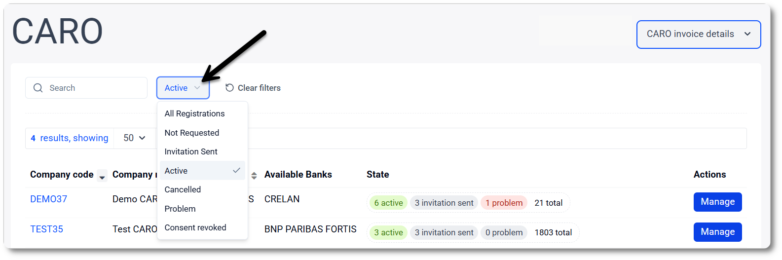 Filter CARO: status active