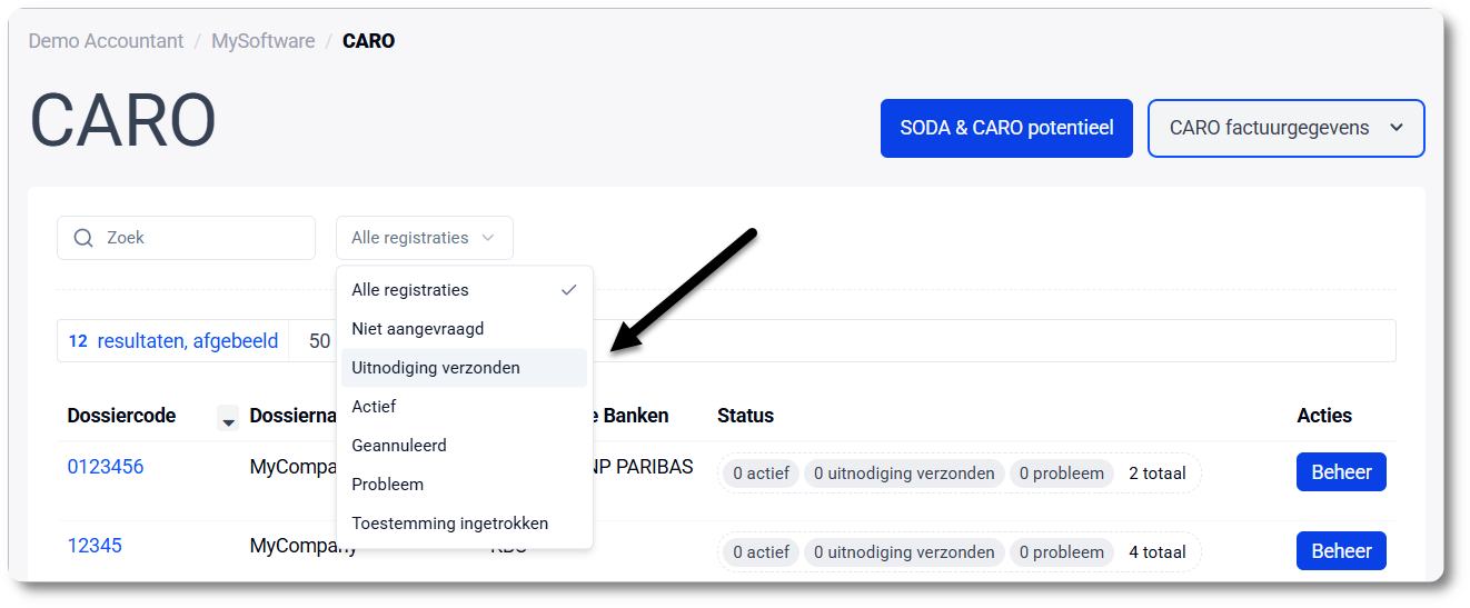 Een filter toepassen op het CARO overzicht