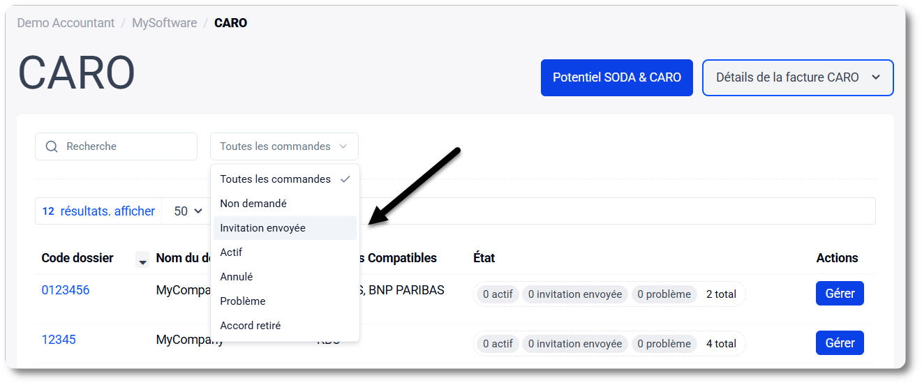 Filtrer les commandes CARO par état