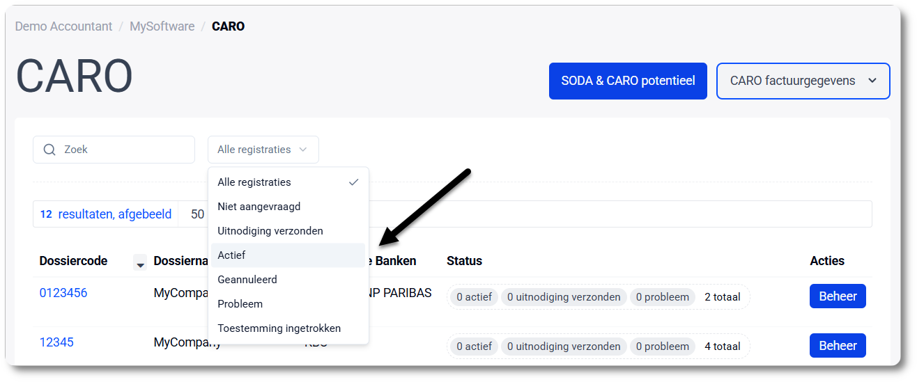 CARO filteren op status actief