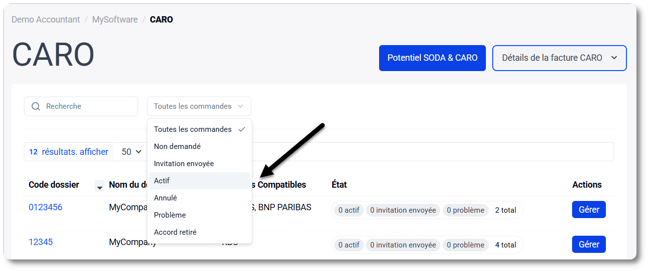 Filtrer CARO sur l'état Actif