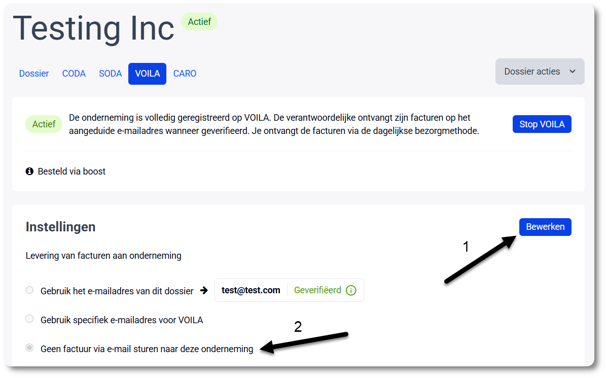 VOILA instellingen voor levering van facturen via mail