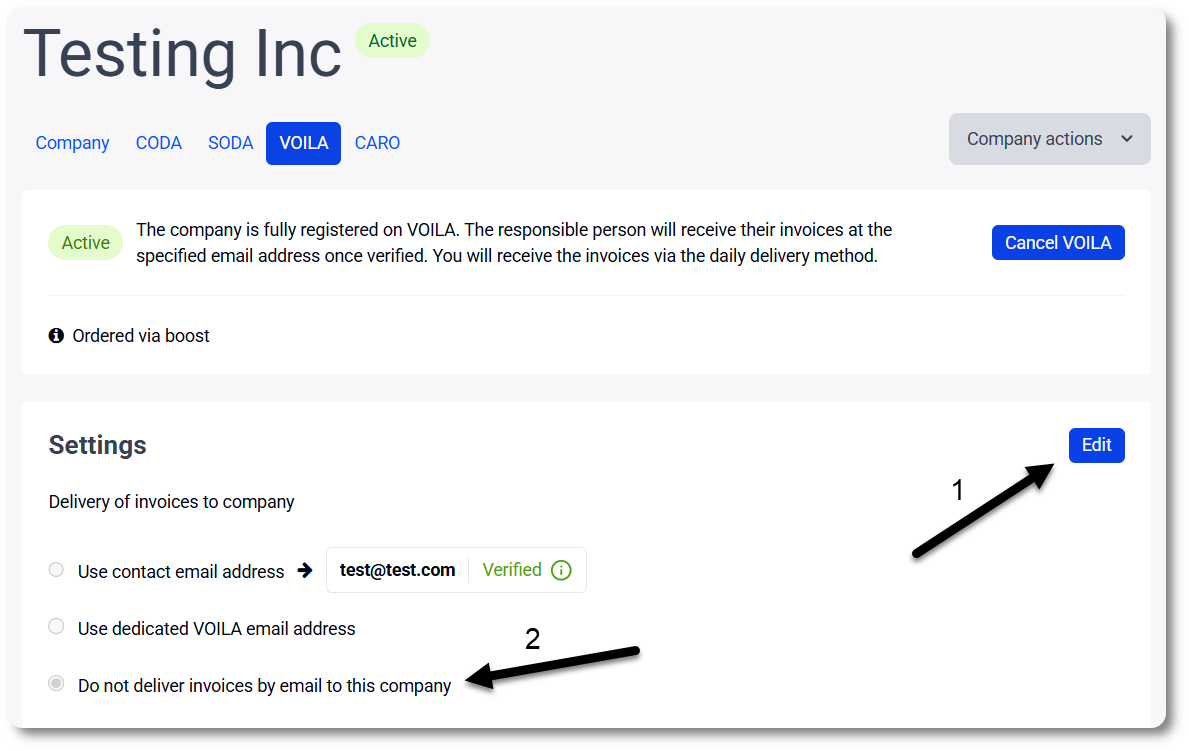 VOILA settings for invoice delivery