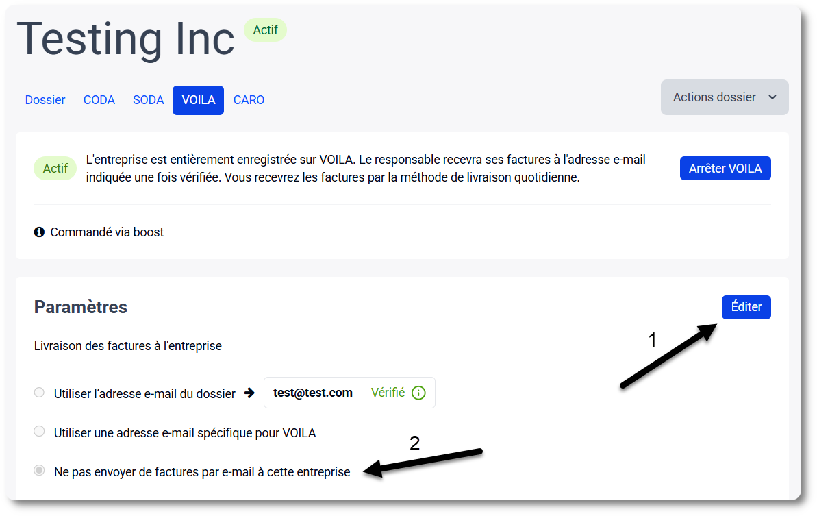 VOILA paramétrage des factures via e-mail