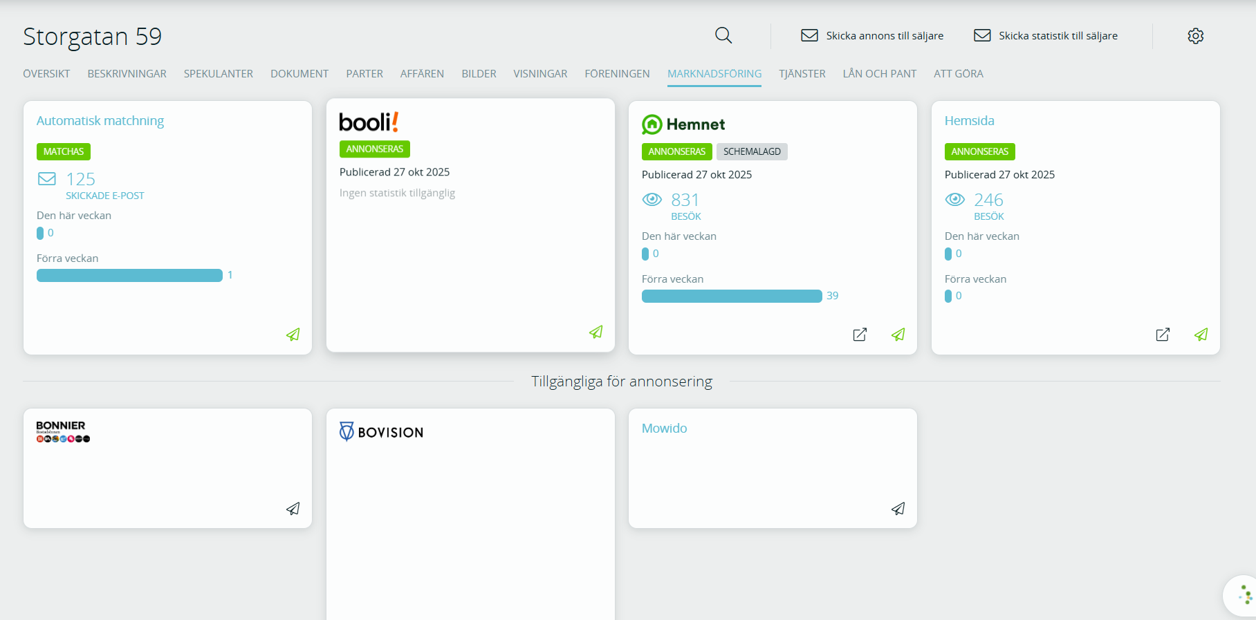 Bild på fliken marknadsföring som visar tillgängliga marknadsplatser för annonsering