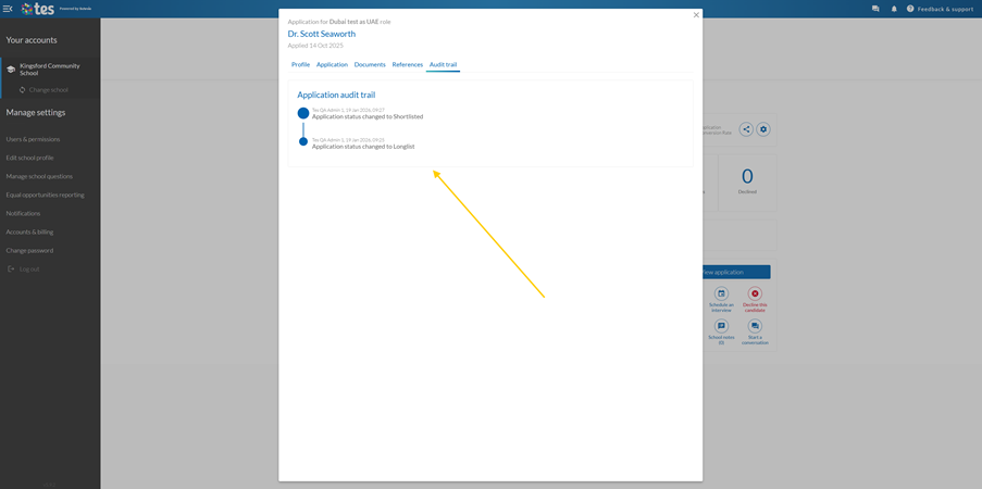 Staff Management Audit Trail example