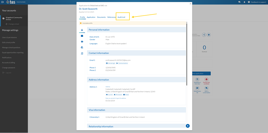 Staff Management Audit trail tab