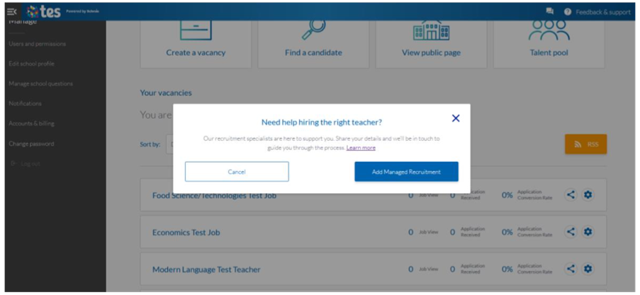 Staff Management add managed recruitment pop-up
