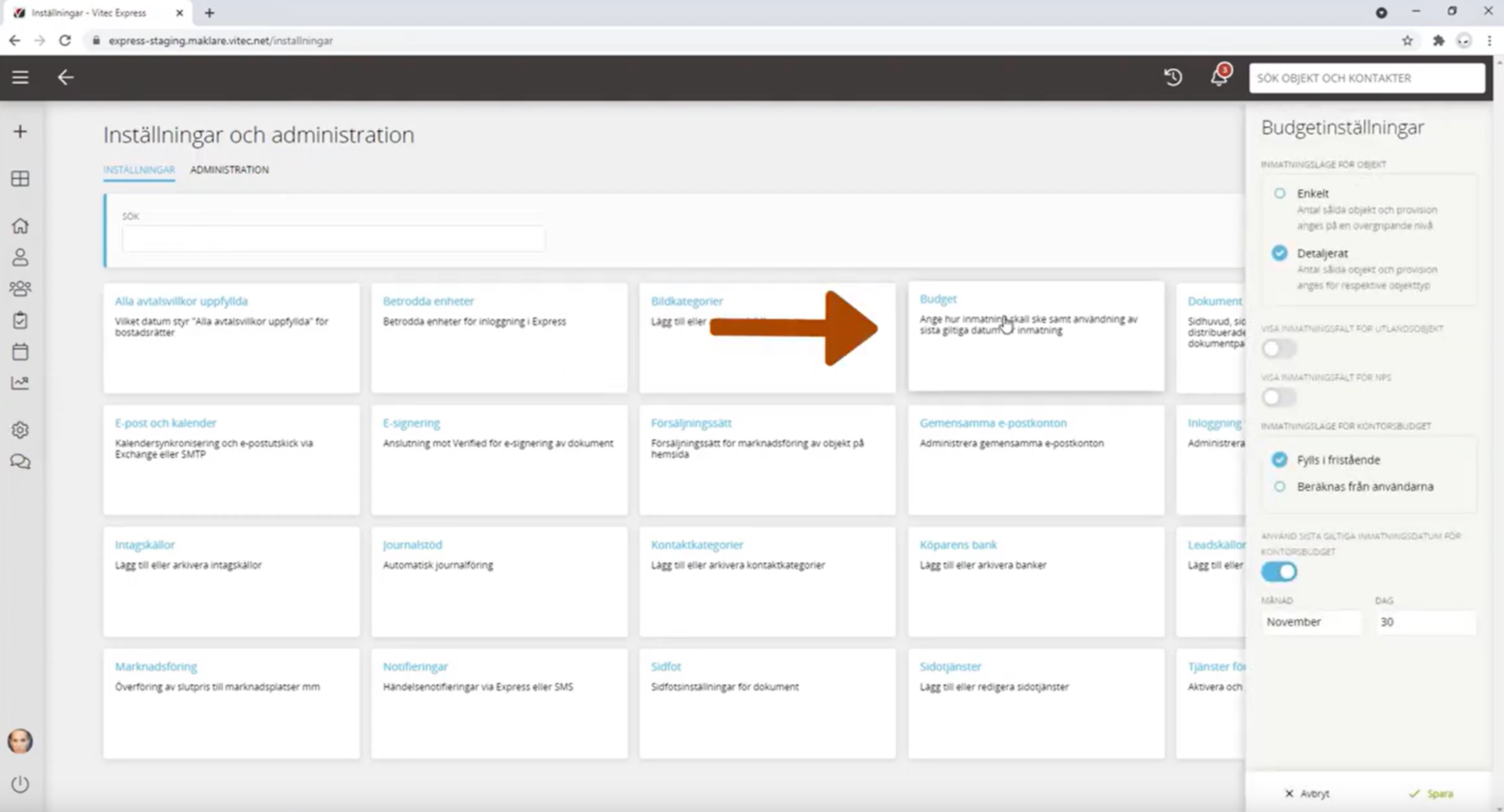 Bild som vart man hittar inställningen för budget