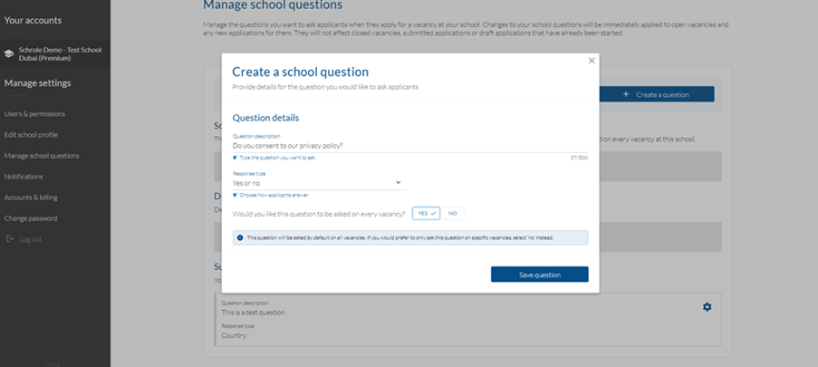 Staff Management create a school question