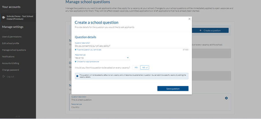 Staff Management create a school question answer no