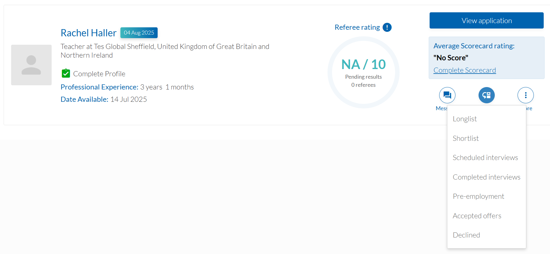 Staff Management move applicant to