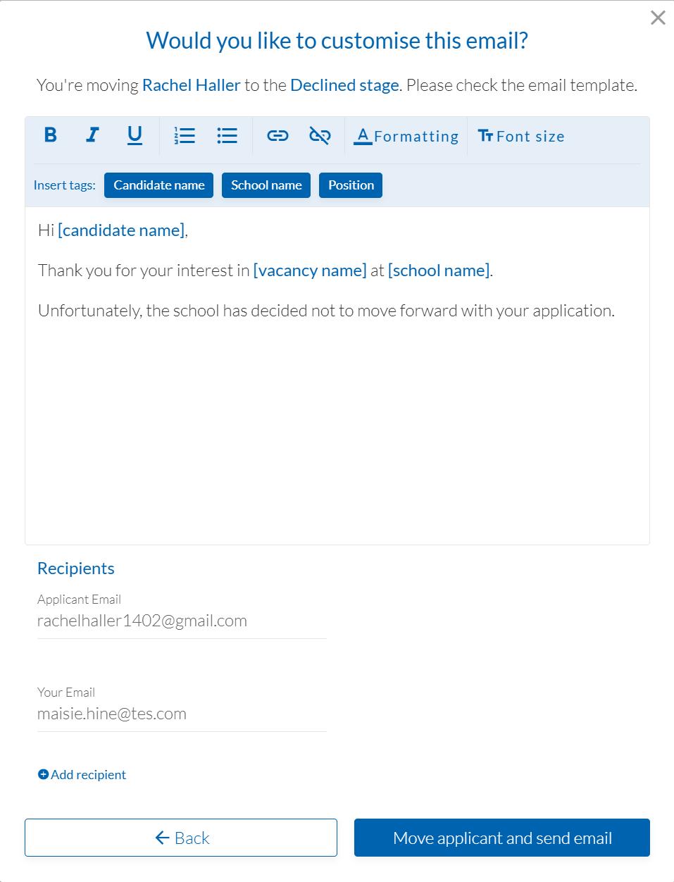 Staff Management customise your email