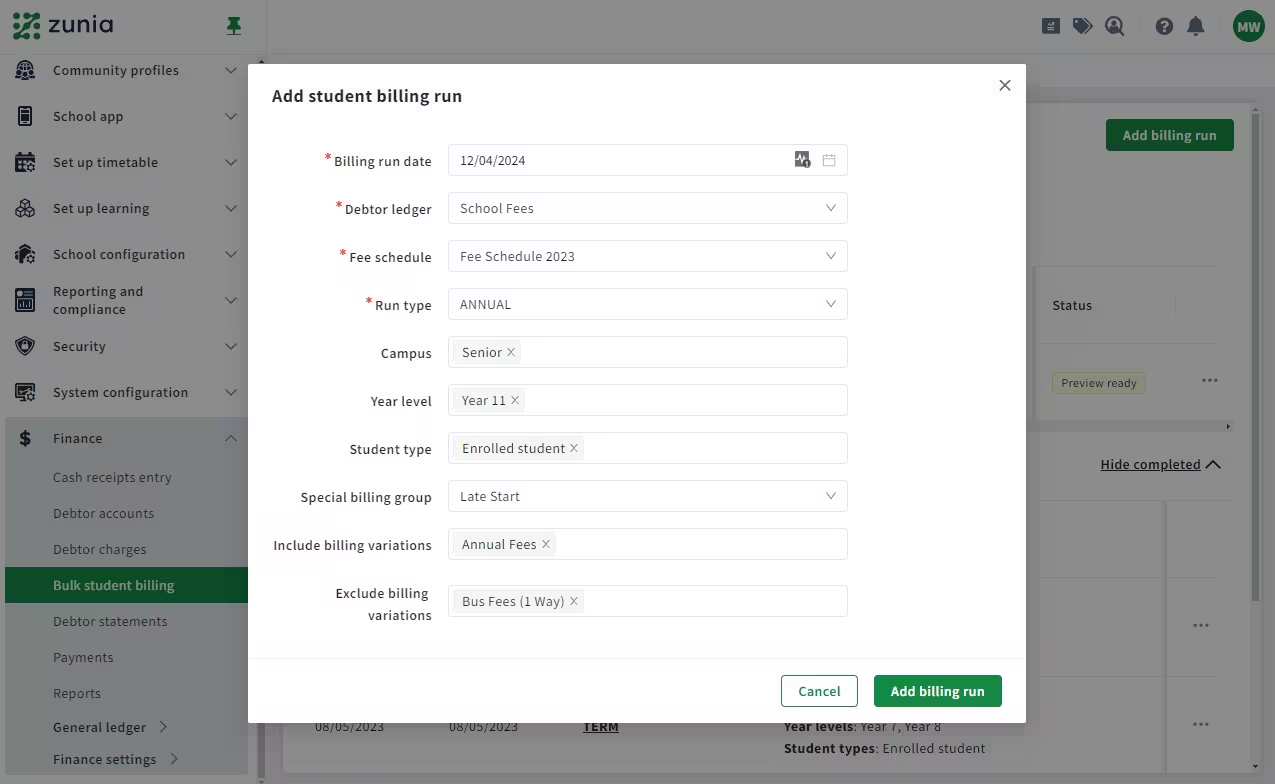 Add bulk student billing run modal