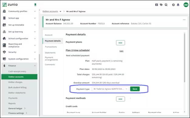 Preview of payment types available in a payment plan with an account name and direct debit number partially shown.