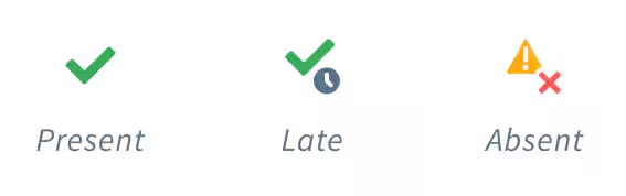 Three icons displaying how Present, Late and Absent attendance types show in Zunia