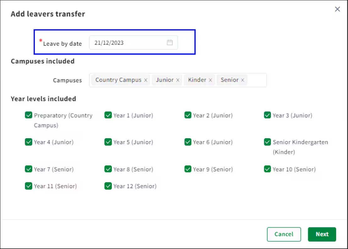 Add leavers transfer modal with 'Leave by date' field highlighted showing a date selected.