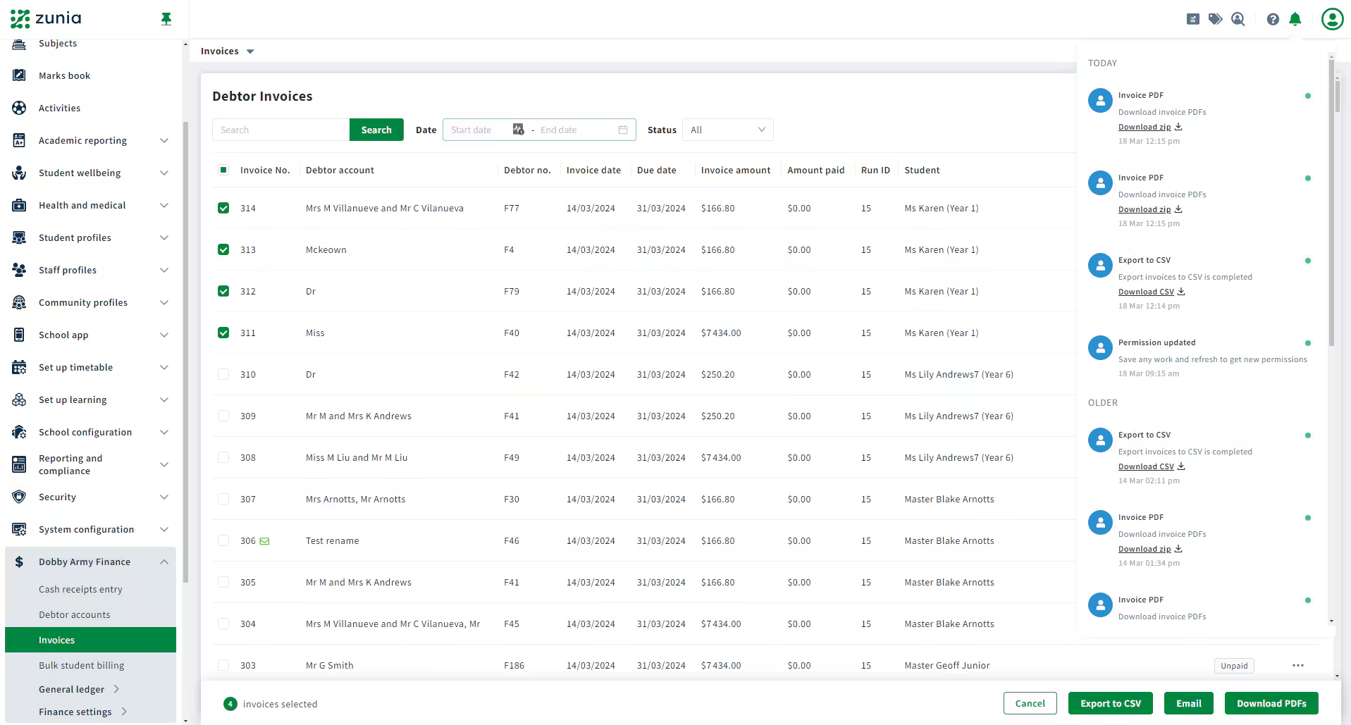 Today’s notifications showing CSV and PDF invoices available for download.