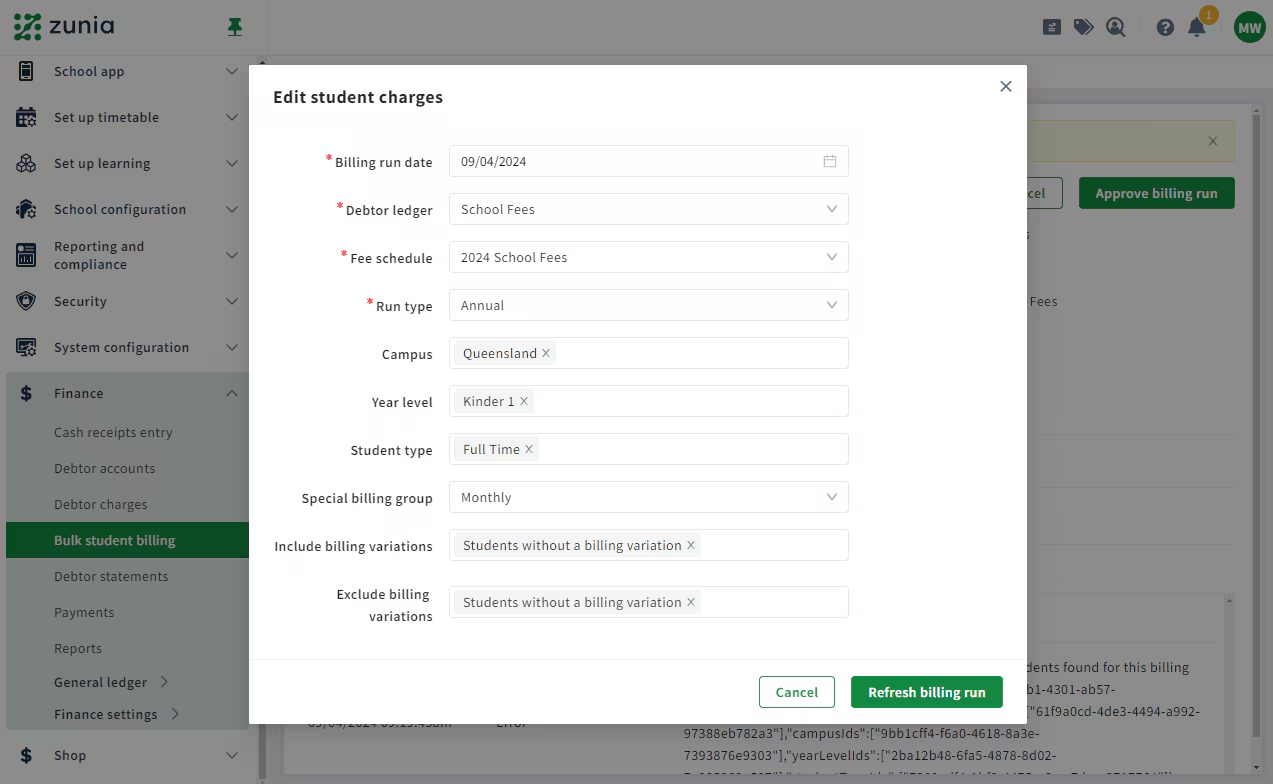 Edit student changes modal showing fields available to edit in the bulk student billing run.