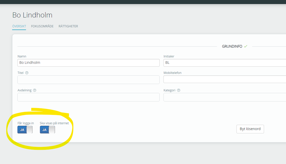 Får logga in och Ska visas på internet