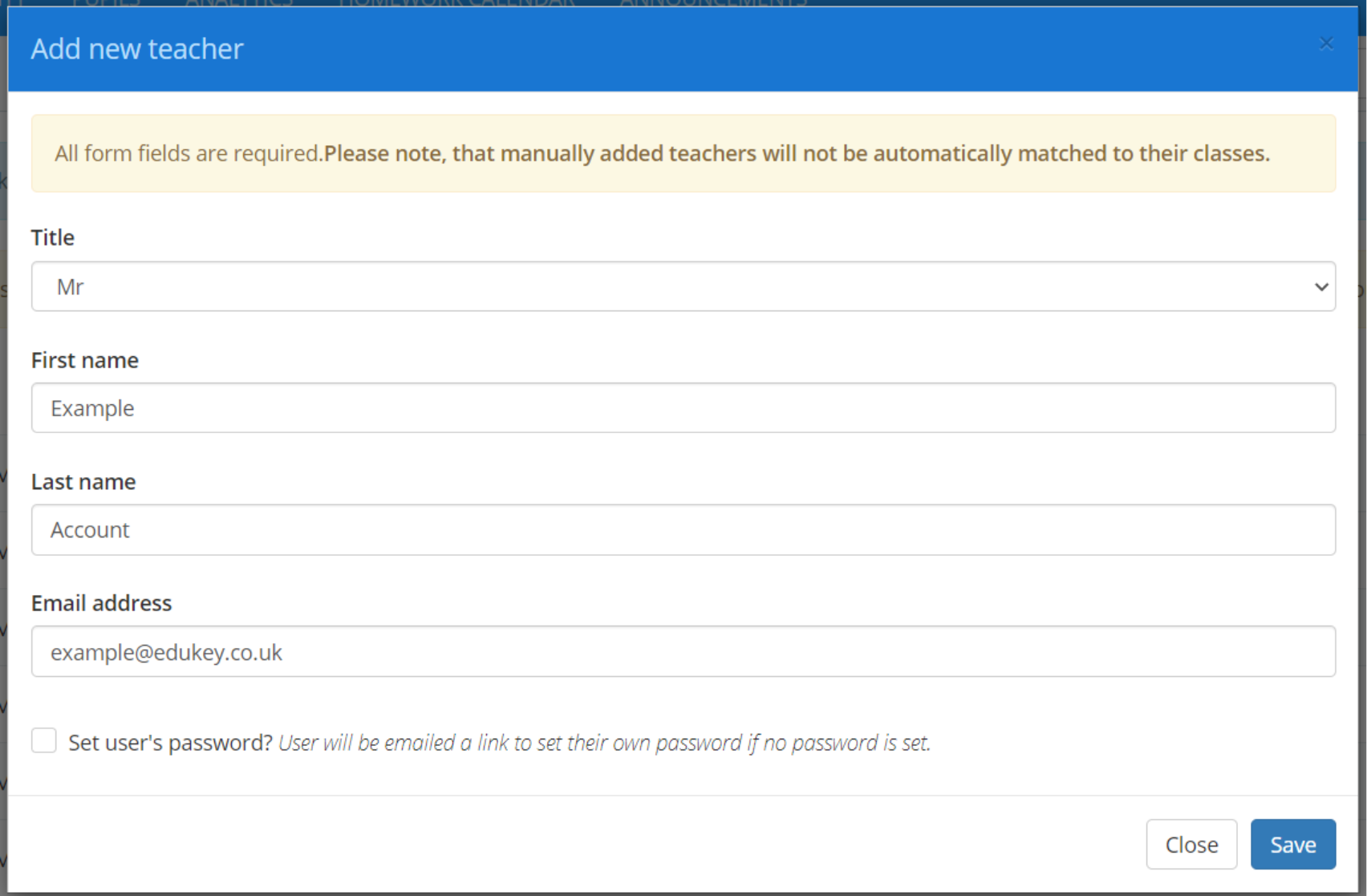 Class Charts add new teacher popup