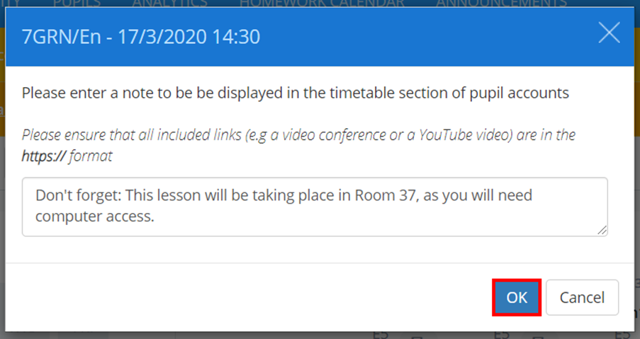Class Charts edit timetable note popup