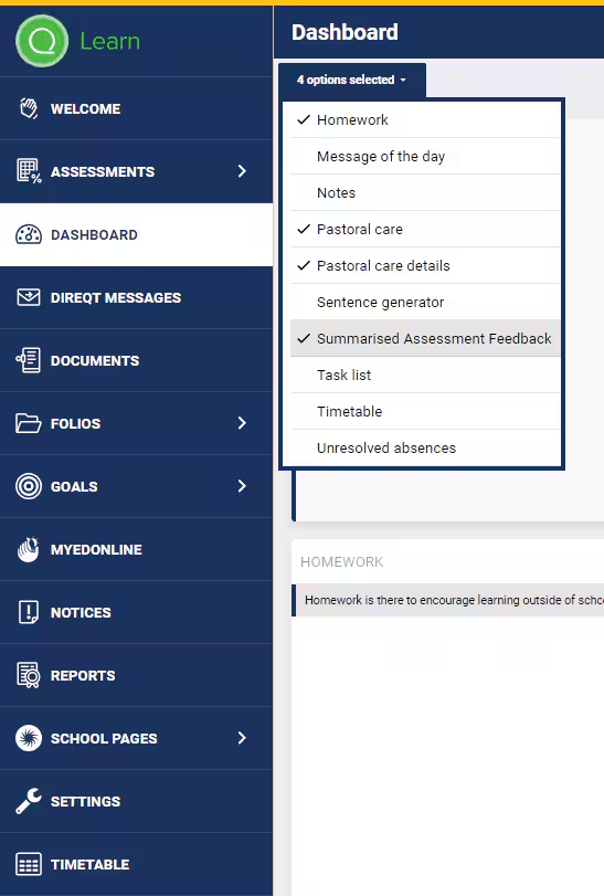 Menu option for configuring SEQTA Learn Dashboard