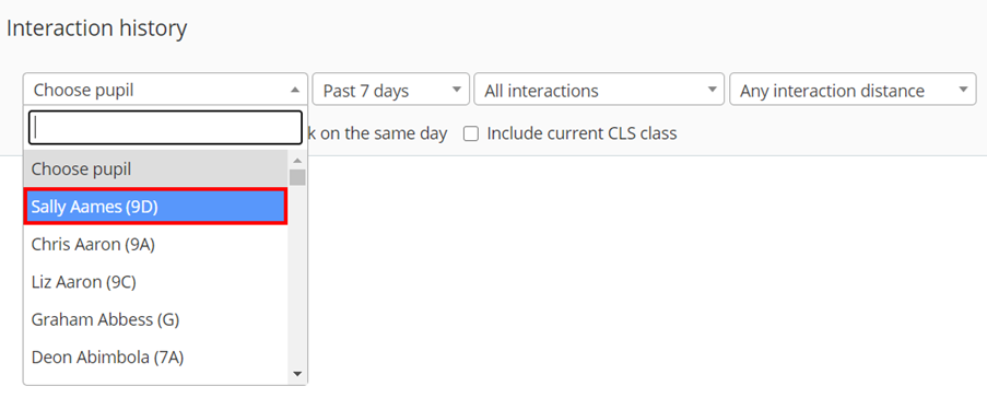 Class Charts interaction history select pupil