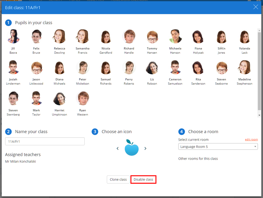 Class Charts disable class button