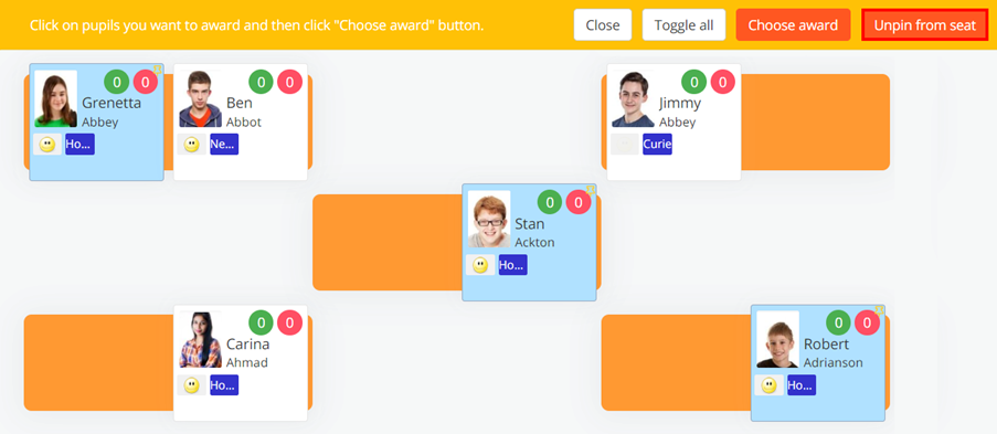 Class Charts unpin from seat button