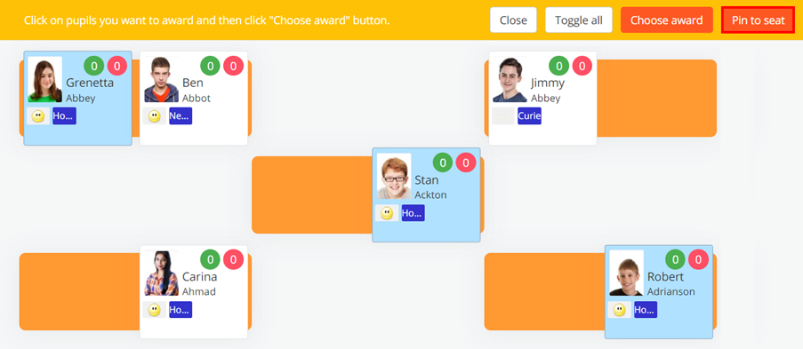 Class Charts pin to seat button
