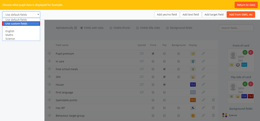 Class Charts custom fields for class drop down