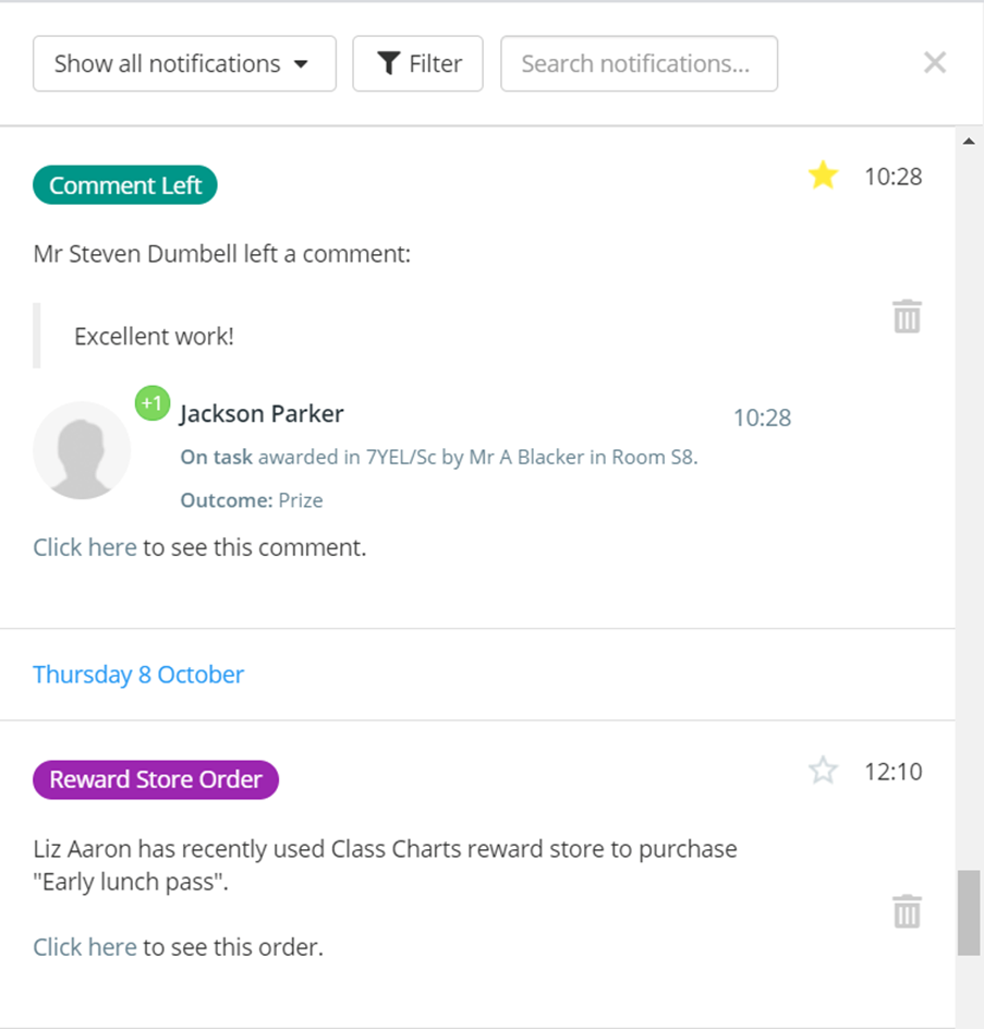 Class Charts notifications centre starred icon