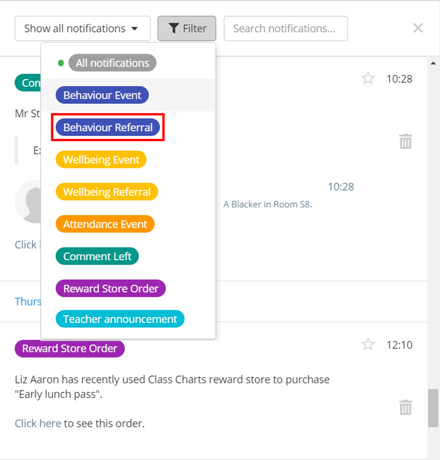 Class Charts notifications centre select filter