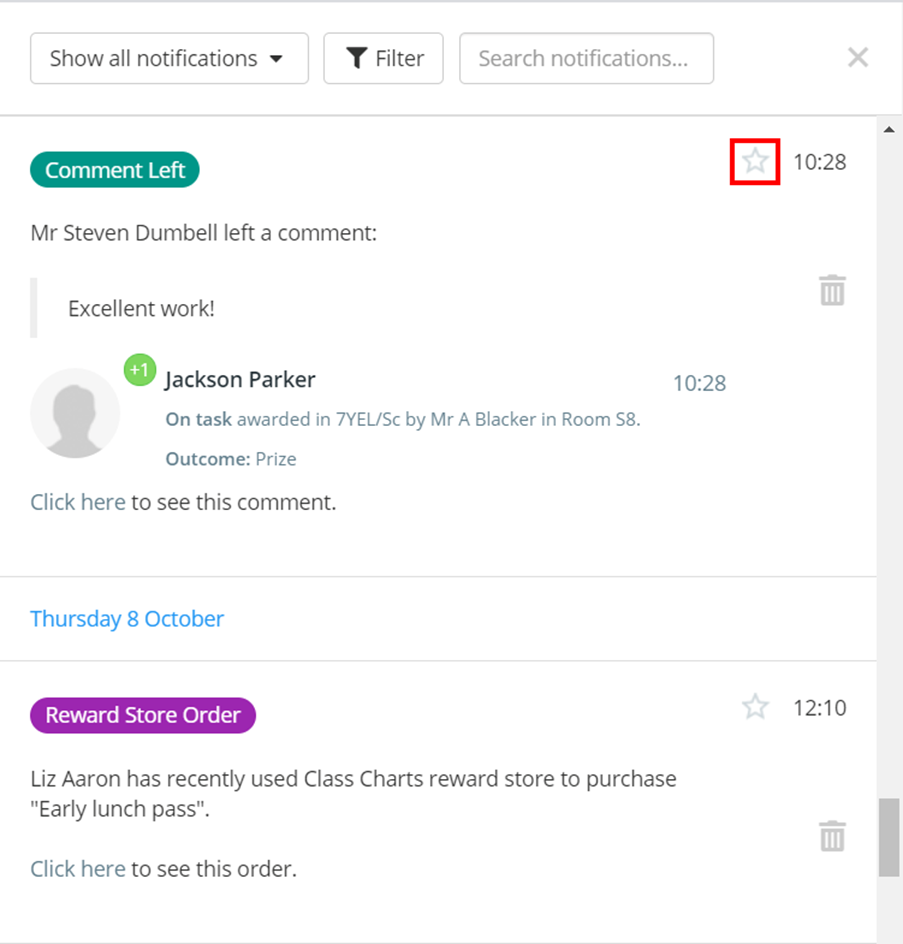 Class Charts notifications centre star icon