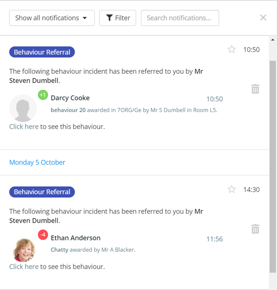 Class Charts filtered notifications center