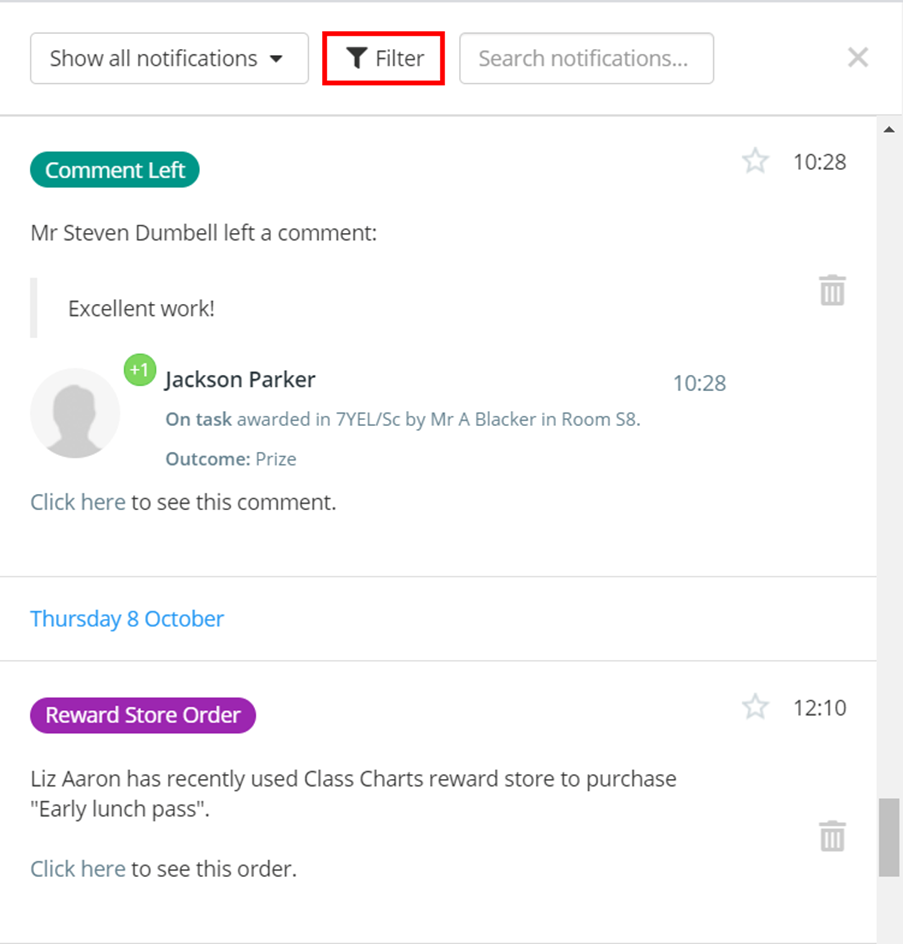 Class Charts notifications centre filter button