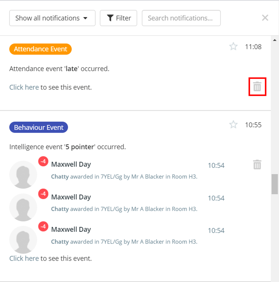 Class Charts delete notification button